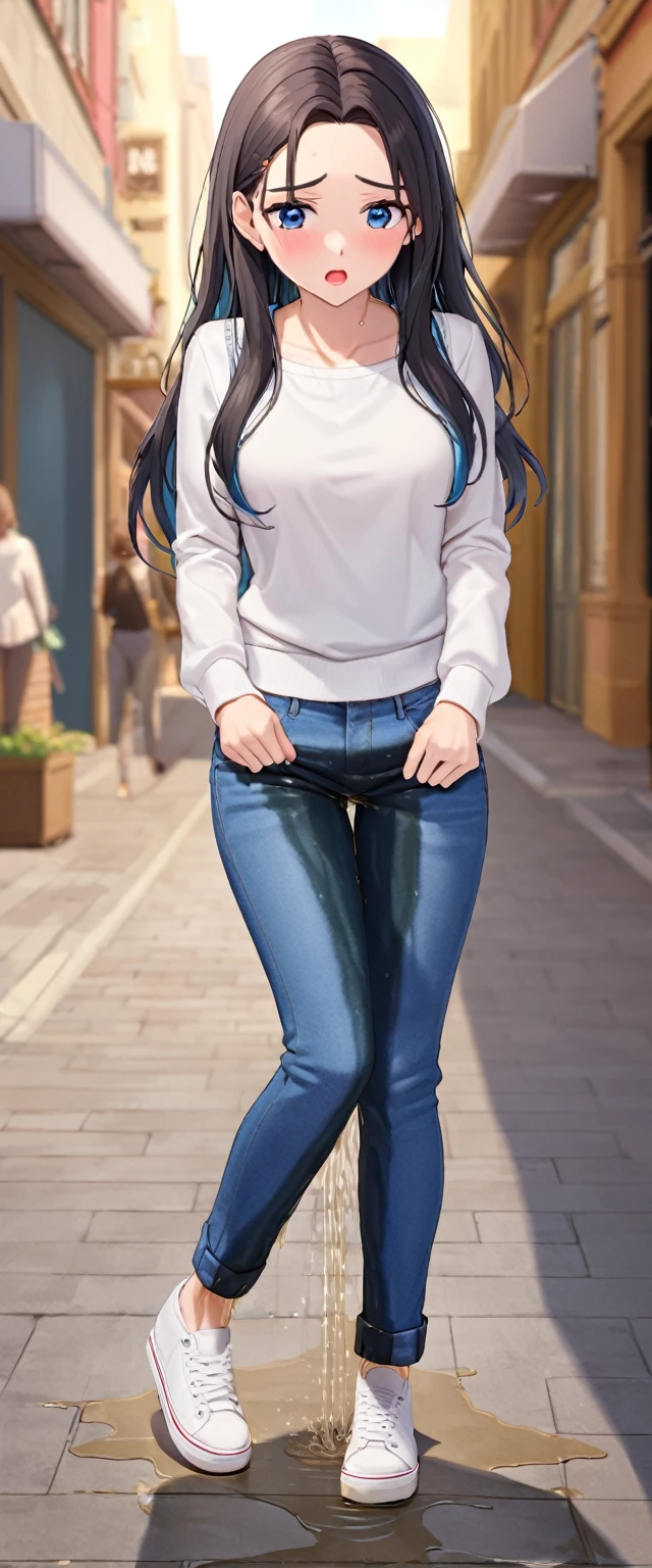 ((best quality, masterpiece:1.3, 8K)), (detailed), highly detailed face and skin texture, detailed eyes, downtown, full body, slender body, 1girl, 25 years old, white skin, bright lips, scared, worried, embarrassed, panicking, long hair, (forehead:0.8), (stylish top:1.2), jeans pants, blue jeans, footwear, peeing jeans, peeing pants, pee stain, (wetting herself:1.5, desperation:1.5),