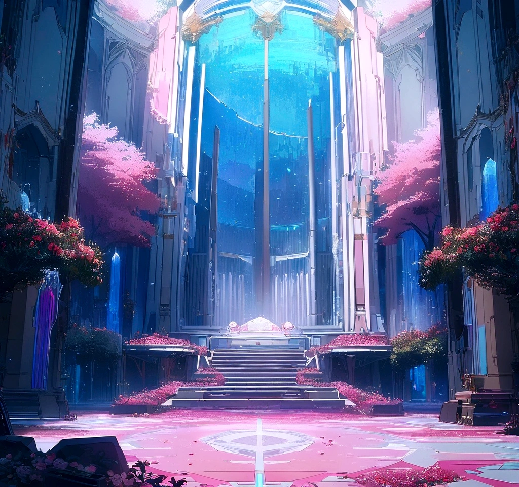 masterpiece, best quality, movie still, background scene, a huge thronehall, digitalized, electronics, flowers, trees, pink and blue, no road, no humans, digital salvage lying around, glitch art