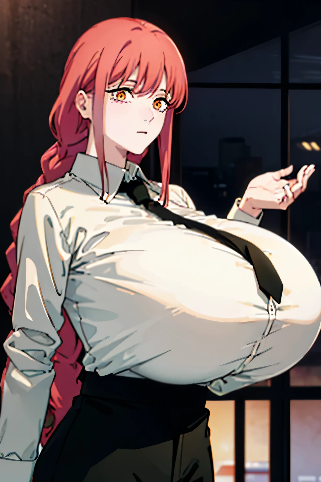 makima (chainsaw man), with red hair and braids, long sleeve, white shirt, tie, collared shirt, pants, black pants, formal, suit, black tie, I put my shirt inside, office lady, destroy the interior, office, looking at the viewer, Has yellow and spiral eyes, sexy body, big breasts, huge breasts, gigantic breasts,