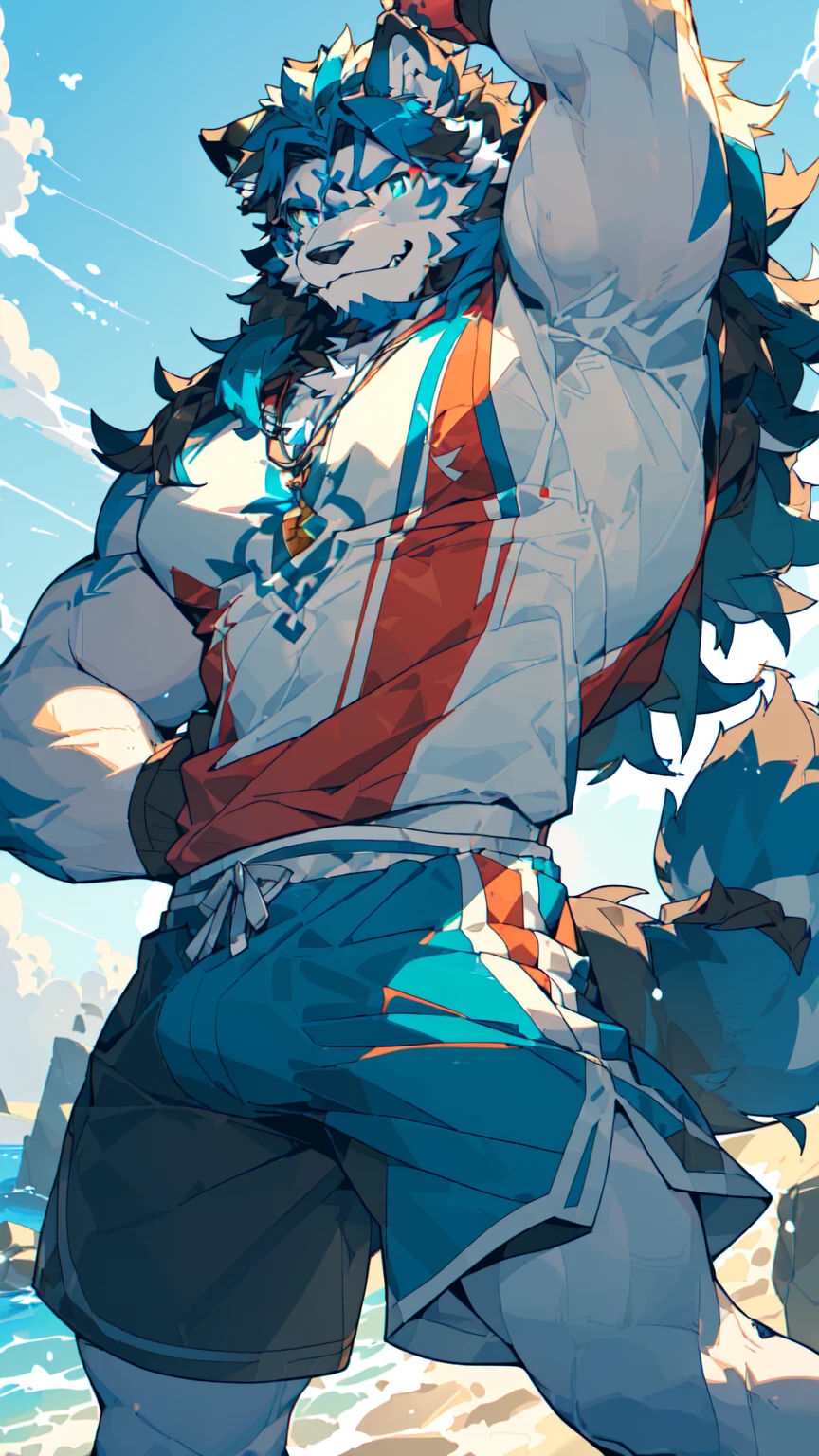 Sunlight,high resolution,4K,(((Half Body))),masterpiece,high quality,Brave and bold,((Wolf)),male,((Strike a pose:1.3)),WolfFurry,(Middle-aged uncle),hairy,((Mature,Smiling Face,Long hair:1.2)),((peaceful,Ease)),((Strong body,thin long ears:1.2,Wolf尾巴:1.3,Crotch bulge:1.3)),(((Red and black sports shorts))),(((Green ears:1.2,Dark blue head:1.2,dark blue back:1.1,Dark blue hands:1.3,White breast:1.3,White belly:1.4,Blue pupils:1.2))),Fascinated faces,AttentiontoDetail,Detailed body,Detailed hands