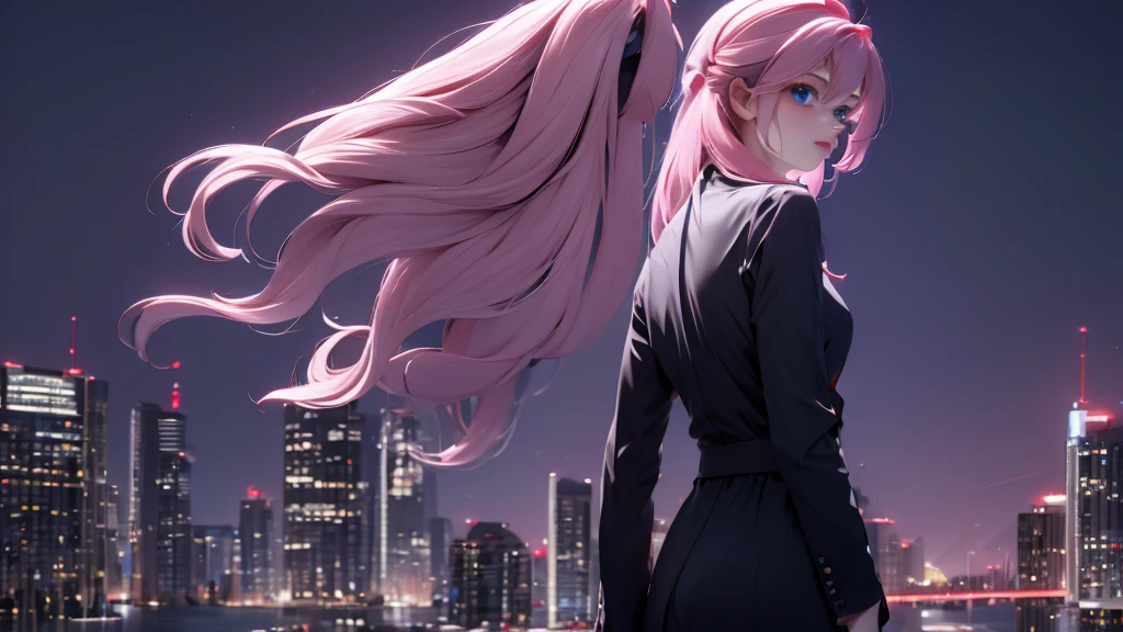 1 girl, medium light pink hair, light blue eyes, wearing black suit 4D, night city, absurdres, high res, ultrasharp, 8K, masterpiece, looking from behind