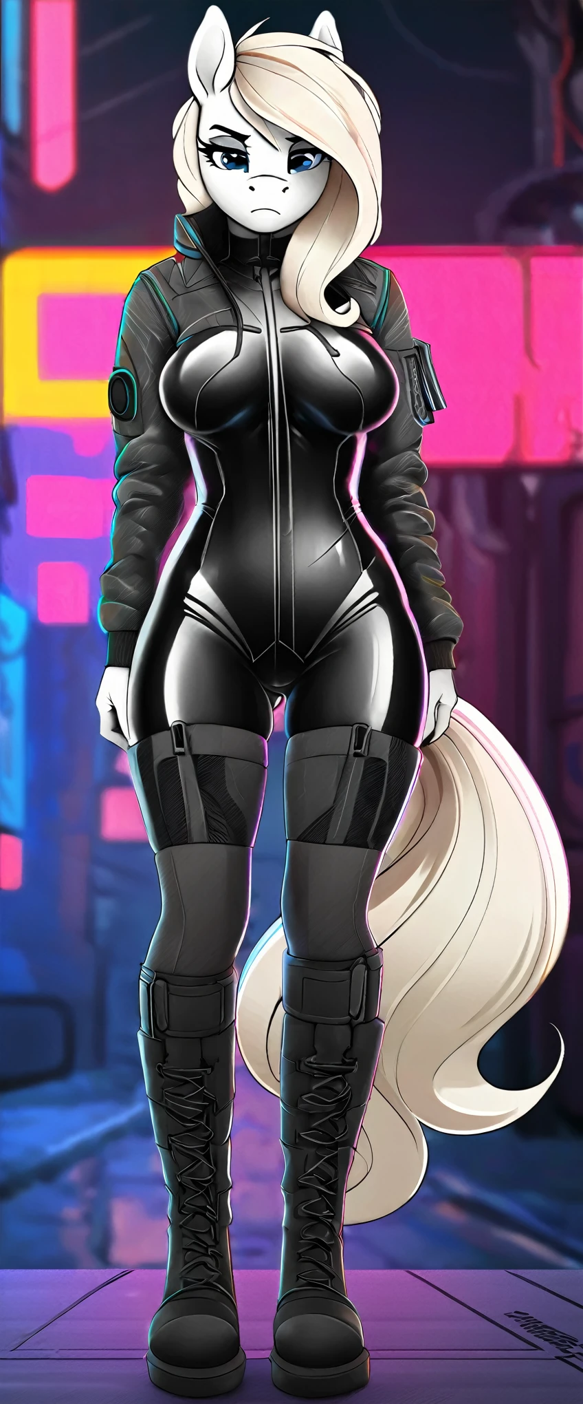 a ((full body)) cartoon picture of an anthropomorphic (((pony:0.9))), cyberpunk style, (((shiny latex cyberpunk bodysuit:1.0))), (((techwear jacket on top:0.9))), (((calf-high boots))), generic MLP style, professional drawing, female anthro pony, medium breasts, frowning, (((semi realistic cream white fur))), (((detailed eyes:1.0))), bold colored cyberpunk mane and tail.