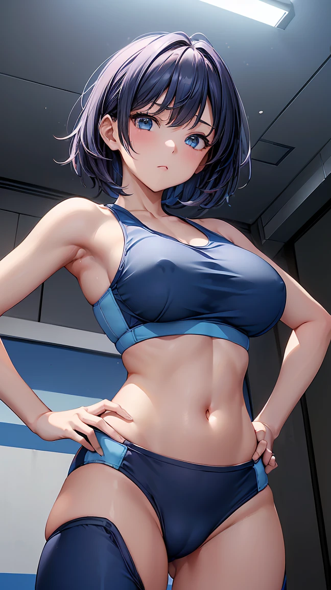 16K、masterpiece、High resolution、((18-year-old female))、Very large 、(((thin, A skin-tight blue sports bra))、((青くthinスポーツレギンス))、Seductive look、((Put your hands on your hips))、Very close、Angle from below