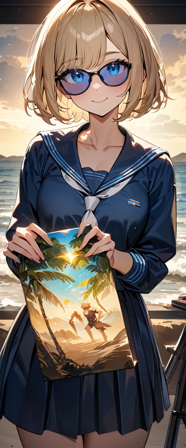 (((One girl))), ((beach)), noon, blond hair, bob cut, breasts, from front, (cowboy shot), standard body, (looking at viewer), ((dark blue serafuku)), dark blue skirt, (()), ((sunglasses)), hand to sunglasses, ager, head tilt:1.3, (((blue eye))), ((happy smile)), anime style, (best quality, 4k, 8k, highres, masterpiece:1.2, ultra-detailed, ultra-detailed eyes, HDR, UHD, studio lighting, ultra-fine painting, sharp focus, physically-based rendering, extreme detail description, professional, vivid colors, bokeh), ((Highest quality, Best image quality, Ultra-high resolution, Ultra-high resolution, solo, Strong eye highlights)), Depth of written boundary, Natural soft light, attractive, Beautiful Face, Cleanliness, Pure Face, nedium chest, Beautiful Face, Perfect Fingers, Perfect hands, Perfect body, Perfect Face, Shine a light into your eyes, Perfect Anatomy