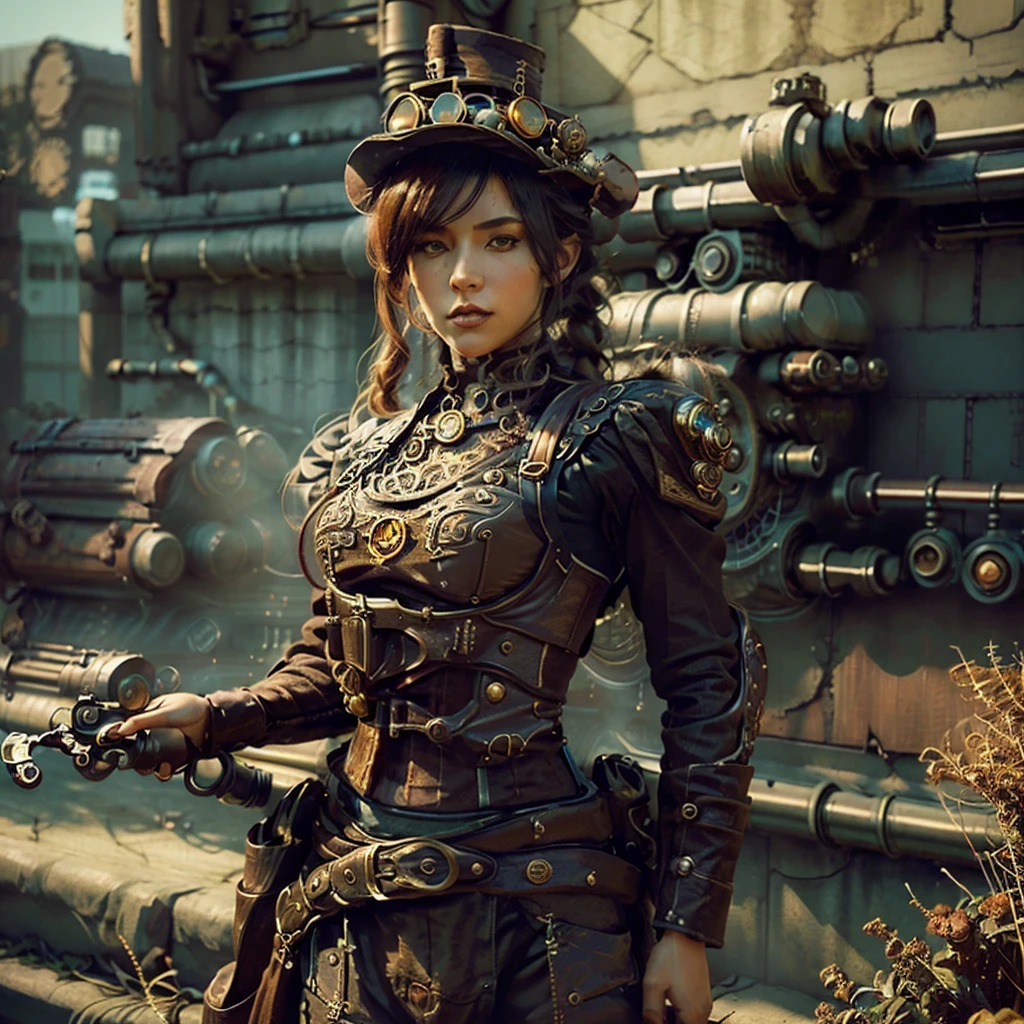 1girl, steampunk clothing, beautiful antagonist, steampunk weapon, Ultra detailed, best quality, intricate details, warm colors, sunlight exposure, sunlight trails, vibrant, UHD (4k,8k)