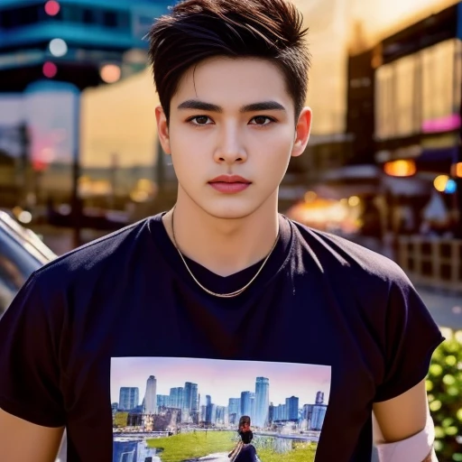 An Araf man stands on the beach with the sunset in the background., portait photo Profile pictureture, Profile picture, Wide facial cleanser, cute young man, headshot Profile pictureture, handsome man, Handsome and charming, Very charming and beautiful, Close-up of a Southeast Asian man with a round face., black eyes, staring at the viewer, morning sun, ((face details)), Double eyelids, realistic, Masterpiece, Highest quality, lens flare, shade, [[Chromatic aberration, digital painting, 8K, 45,000,000,000 pixels,, t-shirt, short hair, black eyes,abdominal muscles, The body is beautiful and strong., Curvy chest, (digital painting, HDR, high contrast