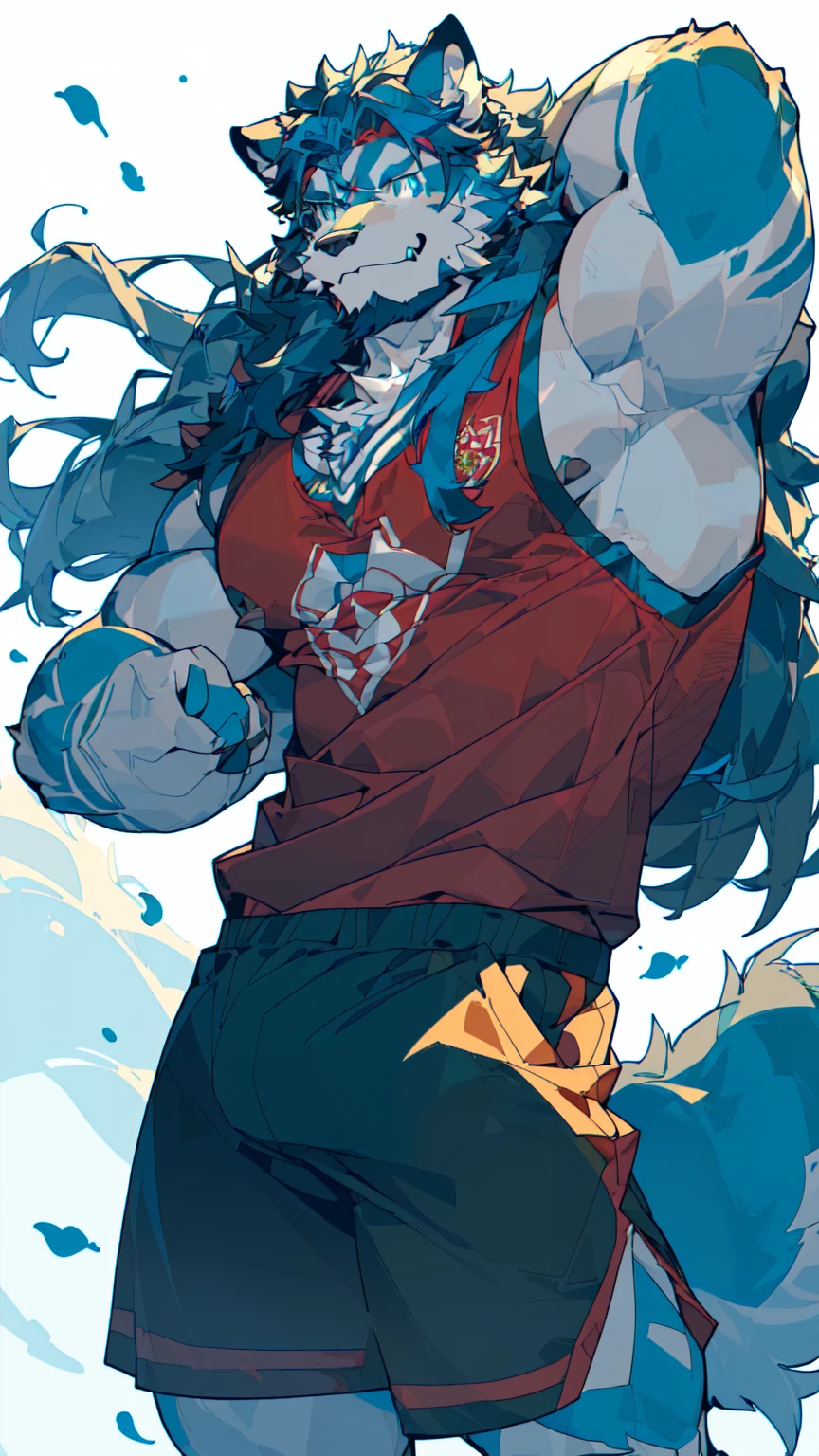 Sunlight,high resolution,4K,(((Half Body))),masterpiece,high quality,Brave and bold,((Wolf)),male,((Strike a pose:1.3)),WolfFurry,(Middle-aged uncle),hairy,((Mature,Smiling Face,Long hair:1.2)),((peaceful,Ease)),((Strong body,thin long ears:1.2,Wolf尾巴:1.3,Crotch bulge:1.3)),(((Red and black sports shorts))),(((Green ears:1.2,Dark blue head:1.2,dark blue back:1.1,Dark blue hands:1.3,White breast:1.3,White belly:1.4,Blue pupils:1.2))),Fascinated faces,AttentiontoDetail,Detailed body,Detailed hands