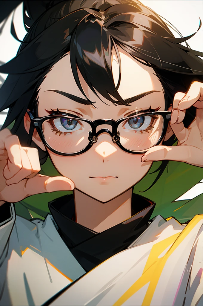 woman、Black-haired、ponytail、A calm face、Wear glasses、Dissatisfied peace sign