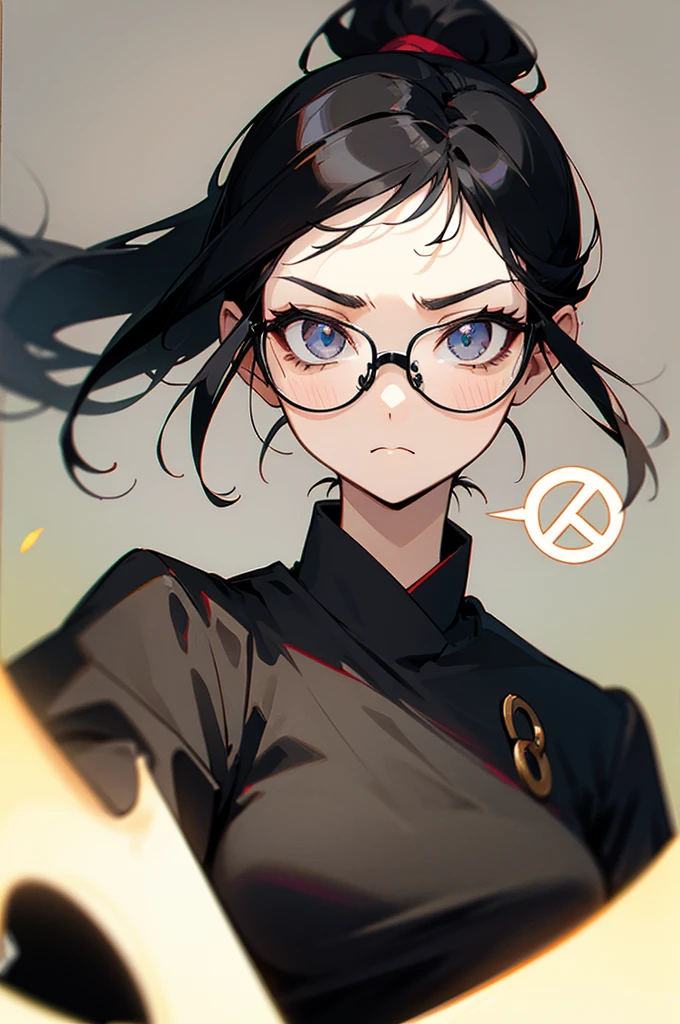 woman、Black-haired、ponytail、A calm face、Wear glasses、Dissatisfied peace sign