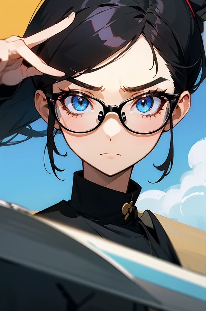 woman、Black-haired、ponytail、A calm face、Wear glasses、Dissatisfied peace sign