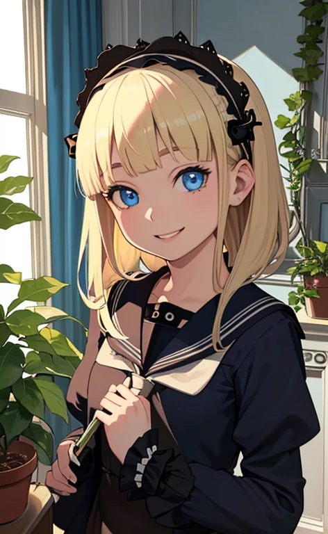 (masterpiece:1.5、Photorealistic:1.4,High Saturation:1.4、high resolution:1.4)、,(spot light:1.2、Exquisite beautiful eye:1.5,)、()、
(kind eyes、tareme:1.4),()、(Cute Face)、(blonde hair:1.5)、(middle hair:1.5),(sidelock :1.6),(blunt bangs:1.3),(1 girl)、(blue eyes:1.2)、(upper body:1.5)、(smile:1.5),()、()、() ,(),(small breasts),(),(gothic lolita sailor uniform:1.5),(A room full of plants:1.5)、()、()、Slim Body(),Shiny Hair、girl、