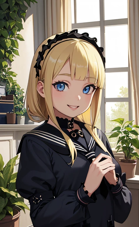 (masterpiece:1.5、Photorealistic:1.4,High Saturation:1.4、high resolution:1.4)、,(spot light:1.2、Exquisite beautiful eye:1.5,)、()、
(kind eyes、tareme:1.4),()、(Cute Face)、(blonde hair:1.5)、(middle hair:1.5),(sidelock :1.6),(blunt bangs:1.3),(1 girl)、(blue eyes:1.2)、(upper body:1.5)、(smile:1.5),()、()、() ,(),(small breasts),(),(gothic lolita sailor uniform:1.5),(A room full of plants:1.5)、()、()、Slim Body(),Shiny Hair、girl、