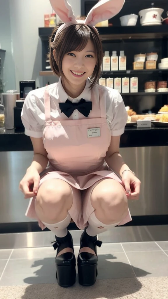 A bunny girl in a pale pink maid outfit working at a maid cafe:1.5，The best smile:1.5，Full Body Shot:1.5，Gray background:1.5，Wearing black high heels:1.5，Brown Hair, Shortcuts, Sidewave:1.5，Squat:1.5