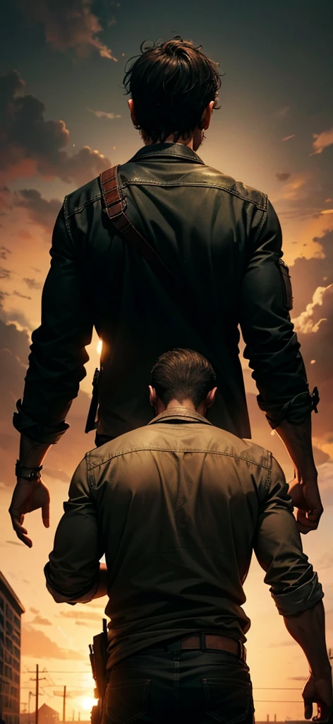 A back view of a man facing the zombie apocalypse