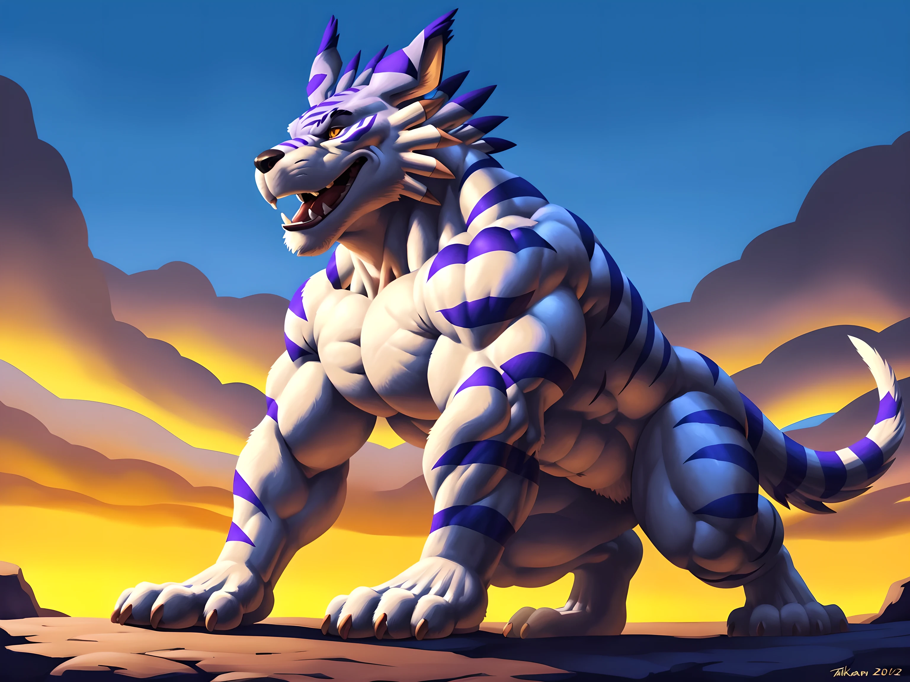 Garurumon, 4k, high resolution, best quality, detailed, posted on e621, solo, male, masculine, feral:1.1, very muscular:1.2, pectorals, (plain background, explosive background, glow:1.1), correct anatomy, (orange eyes, detailed eyes:1.1), sexy, (cel shaded, cartoony shading, strong shadows, dramatic lighting):1.3, confident, (by wfa, by takemoto arashi, by meesh, by Taran Fiddler), strong, full body, open mouth, flexing muscles, posing,