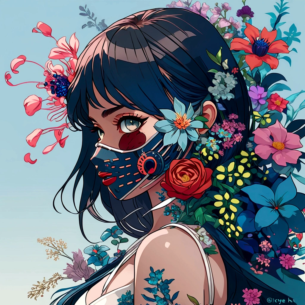 anime girl with flowers and a mask on her face, cyberpunk art by Ryan Yee, pixiv contest winner, conceptual art, cyberpunk flowerpunk, jen bartel, a beautiful artwork illustration, floralpunk, flower mask, facemask made of flowers, anime art wallpaper 4k, anime art wallpaper 4 k, kind cyborg girl with flowers, flowerpunk