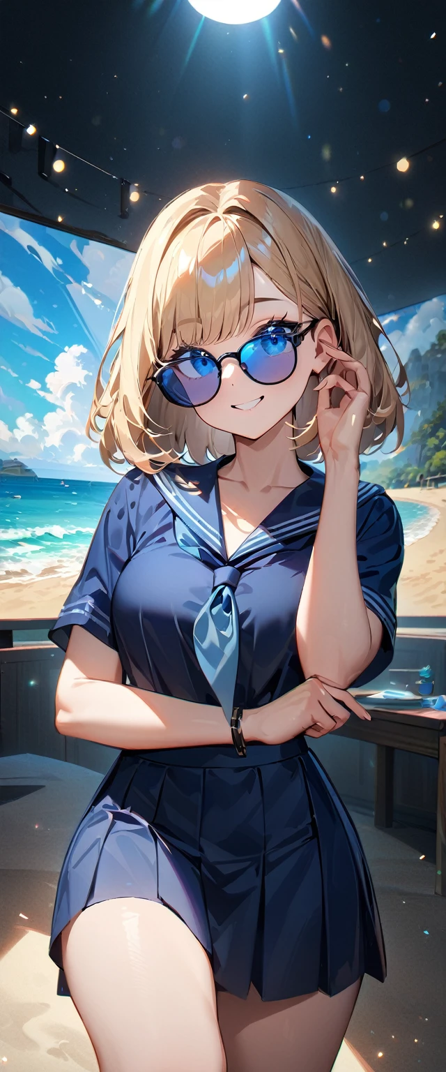 (((One girl))), ((beach)), noon, blond hair, bob cut, ???????, from front, (cowboy shot), standard body, (looking at viewer), ((dark blue serafuku)), dark blue skirt, (()), ((sunglasses)), hand to sunglasses, teenager, head tilt:1.3, (((blue eye))), ((happy smile)), anime style, (best quality, 4k, 8k, highres, masterpiece:1.2, ultra-detailed, ultra-detailed eyes, HDR, UHD, studio lighting, ultra-fine painting, sharp focus, physically-based rendering, extreme detail description, professional, vivid colors, bokeh), ((Highest quality, Best image quality, Ultra-high resolution, Ultra-high resolution, solo, Strong eye highlights)), Depth of written boundary, Natural soft light, attractive, Beautiful Face, Cleanliness, Pure Face, nedium ?????, Beautiful Face, Perfect Fingers, Perfect hands, Perfect body, Perfect Face, Shine a light into your eyes, Perfect ???????