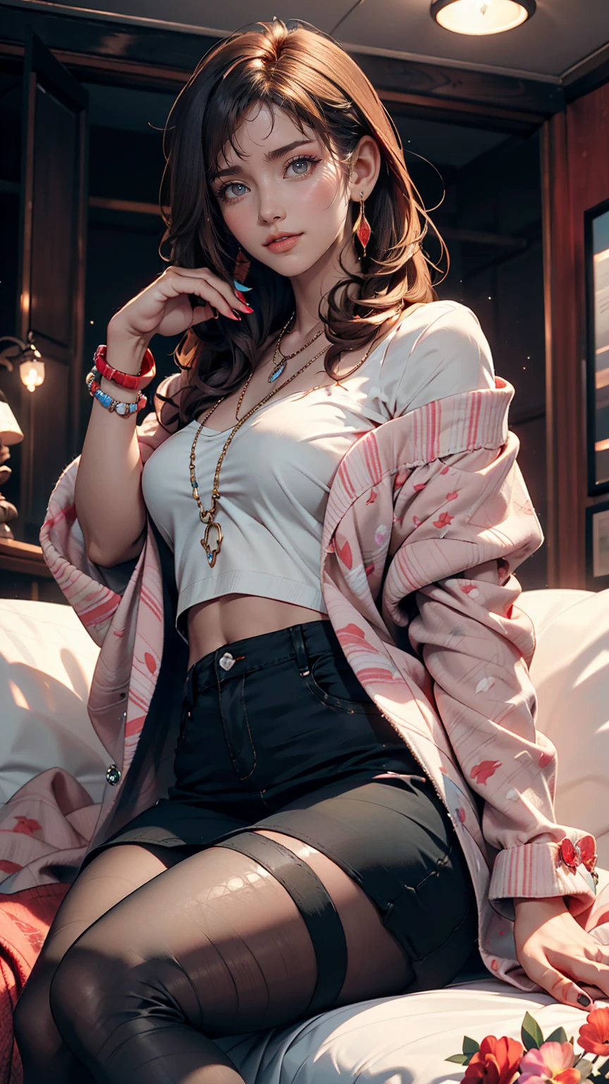 (最high quality, 8K, masterpiece: 1.3, Ultra HD, high quality, 最high quality, High resolution, realism)) 、eyelash, pantyhose、セクシーな的なsmile、 (Shiny skin:1.05)、5-year-old Caucasian female、Brunette、blue eyes、long hair、smile、Venus Body、I want my head to stay off screen、Wear accessories on your wrist、Wearing red nail polish、I'm getting a pedicure、Crystal Earrings((crystal earrings))、Two Side Up((hair two side up))、Tube top((Tube top))wear、Wear skinny jeans、Place hands on hips