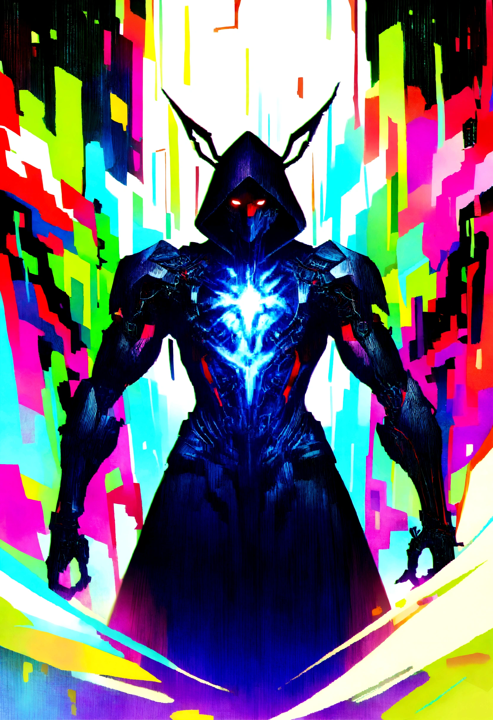 masterpiece, cyborg, The body is glamorous、, Wearing a hood, Shrouded in shadow, , Positano colours, Completely in frame, whole body, Emits electrical energy, whole body, Beautiful anime waifu style man, Ultra-detailed CG paintings, Luminism, Art by Kahn Griffith and Vadim Kashin Concept Art, 8K resolution, Fractal isometric details Bioluminescence , complicatedly detailed , Cinematic, trending on art station Isometric Centered hyper Realistic cover photo awesome full color, Grainy, Realistic, complicated, Hit definition , Cinematic, Bold, Vibrant, amazing, Super high quality model、Being pelted by rain in the dark、Controlling Lightning、Red eyes