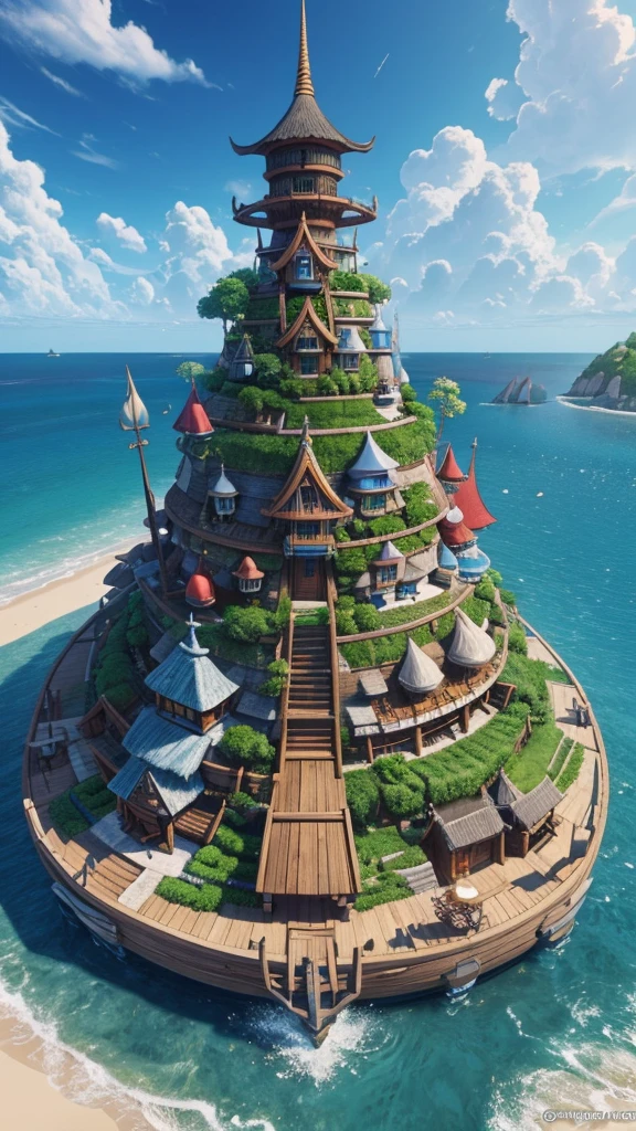 A fantasy inspired painting of a shore village in kawacy style, rendered in cinema4d, bulbous, accurate nautical details, creative character design, whimsical cartoon style, 32k uhd --ar 2:1