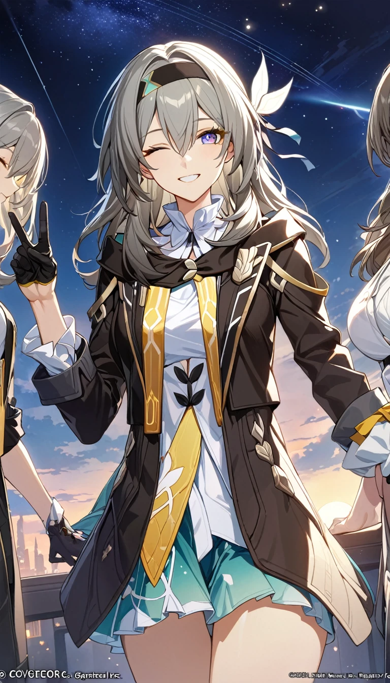 (masterpiece, top quality, best quality, official art, beautiful and aesthetic:1.2),(8k, best quality, masterpiece:1.2), (((masterpiece))),(((best quality))),(((extremely detailed))),illustration, who, (masterpiece, top quality, best quality, official art, beautiful and aesthetic:1.2),(8k, best quality, masterpiece:1.2), masterpiece, best quality, illustration, highres, ultra-detailed, stelle \(honkai: star rail\),commentary request,firefly \(honkai: star rail\), multiple girls, 2girls, smile, grey hair, hairband, gloves, black hairband, one eye closed, jacket, long hair, black gloves, white shirt, shirt, v, closed eyes, star \(sky\), black jacket, sky, open mouth, starry sky, grin, long sleeves, hair between eyes, teeth, looking at viewer, sidelocks, night, hand on another's shoulder, night sky, purple eyes, cowboy shot, open clothes, blue pupils