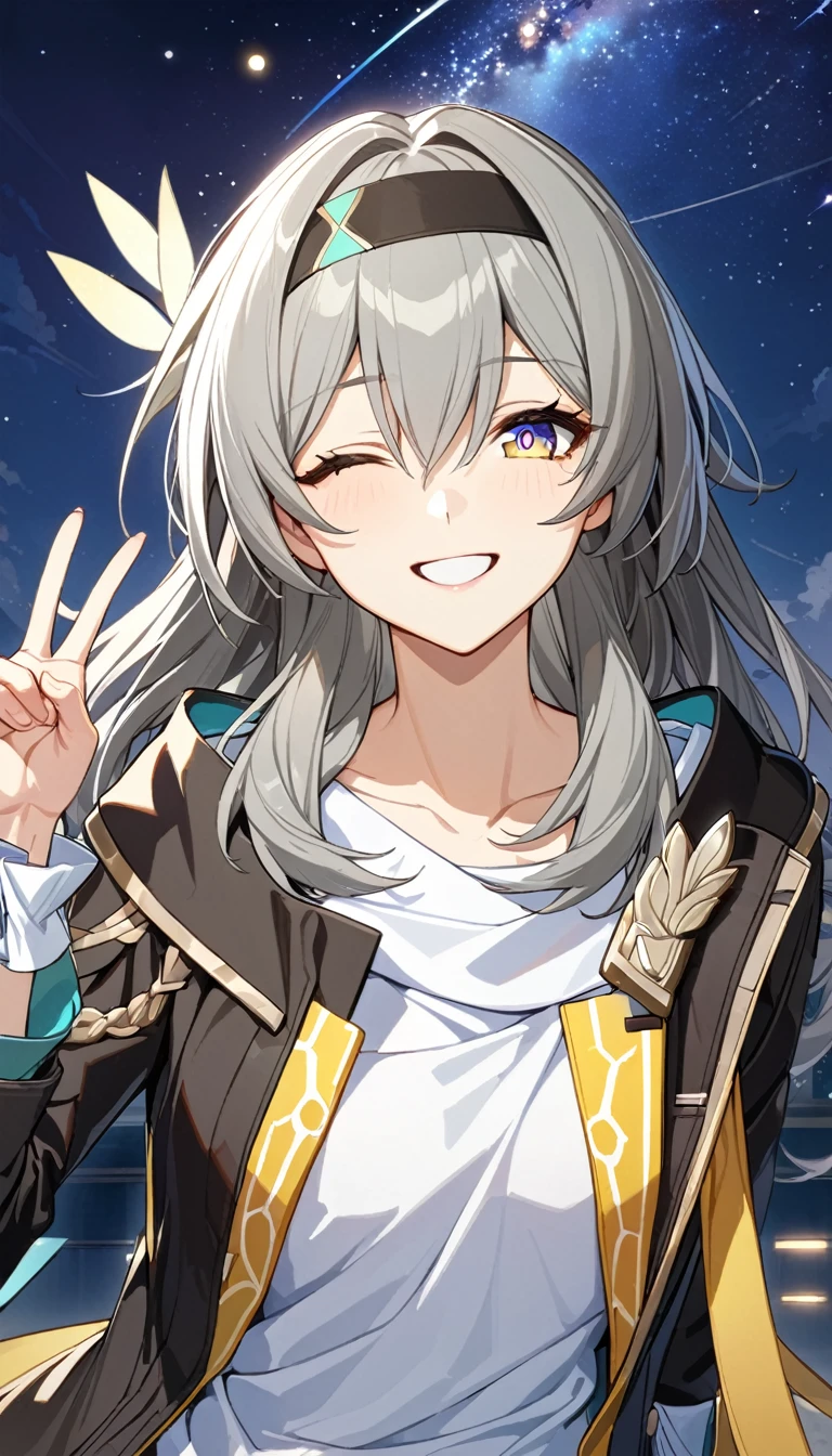 (masterpiece, top quality, best quality, official art, beautiful and aesthetic:1.2),(8k, best quality, masterpiece:1.2), (((masterpiece))),(((best quality))),(((extremely detailed))),illustration, who, (masterpiece, top quality, best quality, official art, beautiful and aesthetic:1.2),(8k, best quality, masterpiece:1.2), masterpiece, best quality, illustration, highres, ultra-detailed, stelle \(honkai: star rail\),commentary request,firefly \(honkai: star rail\), multiple girls, 2girls, smile, grey hair, hairband, gloves, black hairband, one eye closed, jacket, long hair, black gloves, white shirt, shirt, v, closed eyes, star \(sky\), black jacket, sky, open mouth, starry sky, grin, long sleeves, hair between eyes, teeth, looking at viewer, sidelocks, night, hand on another's shoulder, night sky, purple eyes, cowboy shot, open clothes, blue pupils