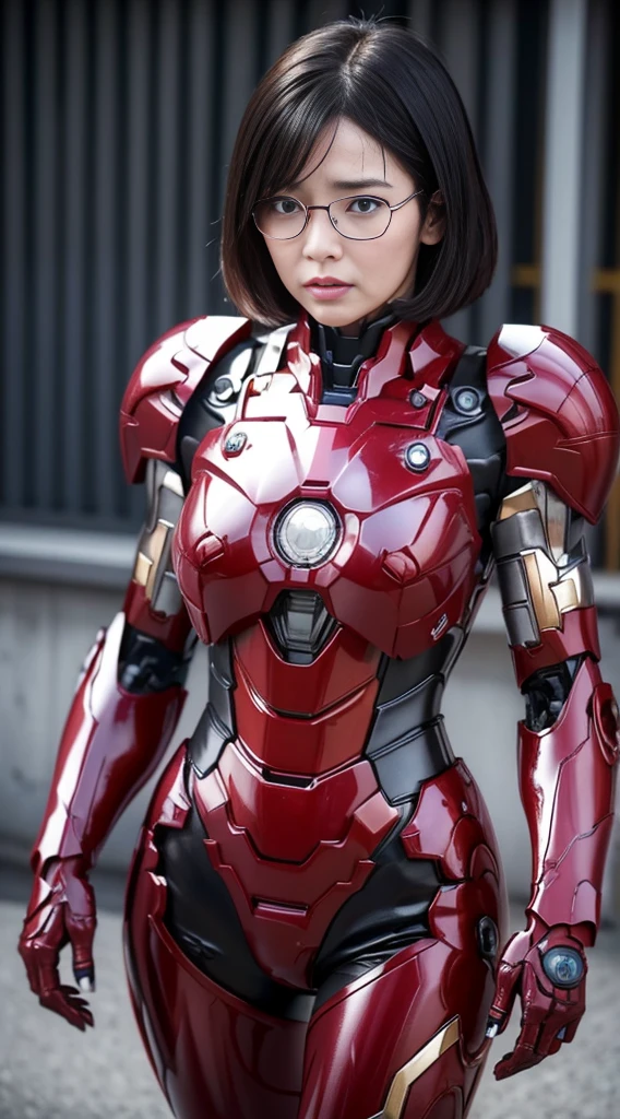 Female Iron Man(Red and Black)、Gloss、Shortcuts、Rough skin, Very detailed, Advanced Details, high quality, 最high quality, High resolution, 1080P, hard disk, beautiful,(Gundam),beautifulサイボーグの女性,Mecha Cyborg Girl,Battle Mode,Woman with a mechanical body,、Expression of bitterness、Sweaty face、、Squint your eyes、、Humidity、Plump figure、Steam coming out of the head、Spread your legs、Embarrassed face、Open your mouth、Hold your face Black-haired Short Hair Glasses Japanese middle-aged women