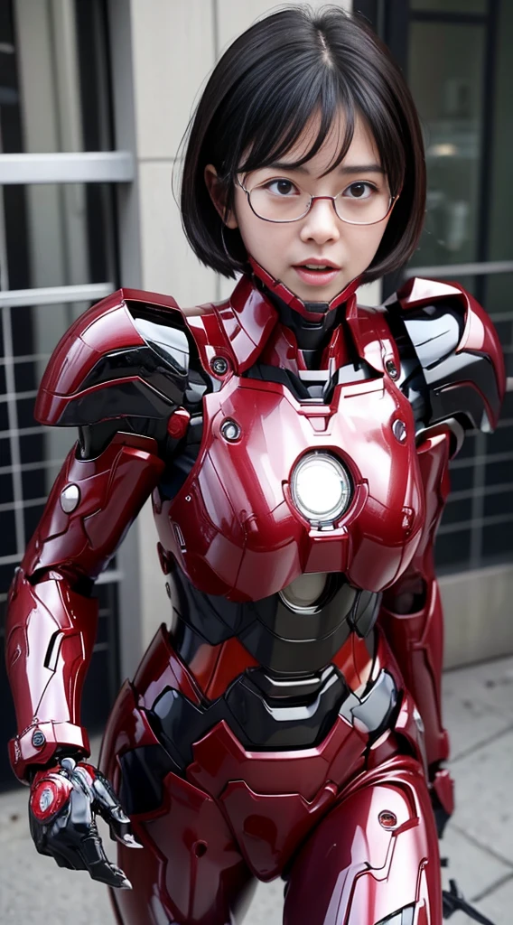 Female Iron Man(Red and Black)、Gloss、Shortcuts、Rough skin, Very detailed, Advanced Details, high quality, 最high quality, High resolution, 1080P, hard disk, beautiful,(Gundam),beautifulサイボーグの女性,Mecha Cyborg Girl,Battle Mode,Woman with a mechanical body,、Expression of bitterness、Sweaty face、、Squint your eyes、、Humidity、Plump figure、Steam coming out of the head、Spread your legs、Embarrassed face、Open your mouth、Hold your face Black-haired Short Hair Glasses Japanese middle-aged women
