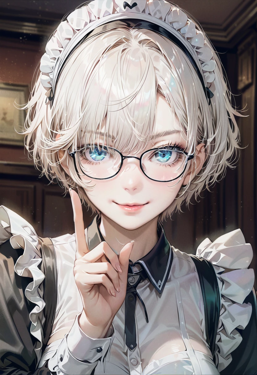 (Maid:1.5),(best quality,Extremely detailed,high resolution:1.2),beautiful girl,Exquisite makeup and perfect face, Long eyelashes, Detailed eyes and lips, A bright smile,Shiny Hair,(The cutest girl in the world:1.5),Exquisite makeup,Glasses