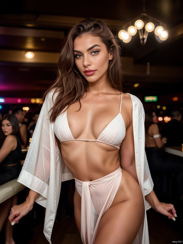 a 22 year old woman, elegant appearance, sleek brown hair, green eyes, full red lips, smile, snub nose, freckles, tanned skin, thick dark eyebrows, happy face, high defined cheekbones, long curved eyelashes, italian model, dancing at a disco bar, light natural makeup, fullbodyshot, luxurius robe, best quality, 4k, 8k, highres, masterpiece:1.2, ultra-detailed, realistic, photorealistic, photo-realistic:1.37, HDR, UHD, studio lighting, ultra-fine painting, sharp focus, physically-based rendering, extreme detail description, dark, professional, vivid colors, bokeh, portraits, photography