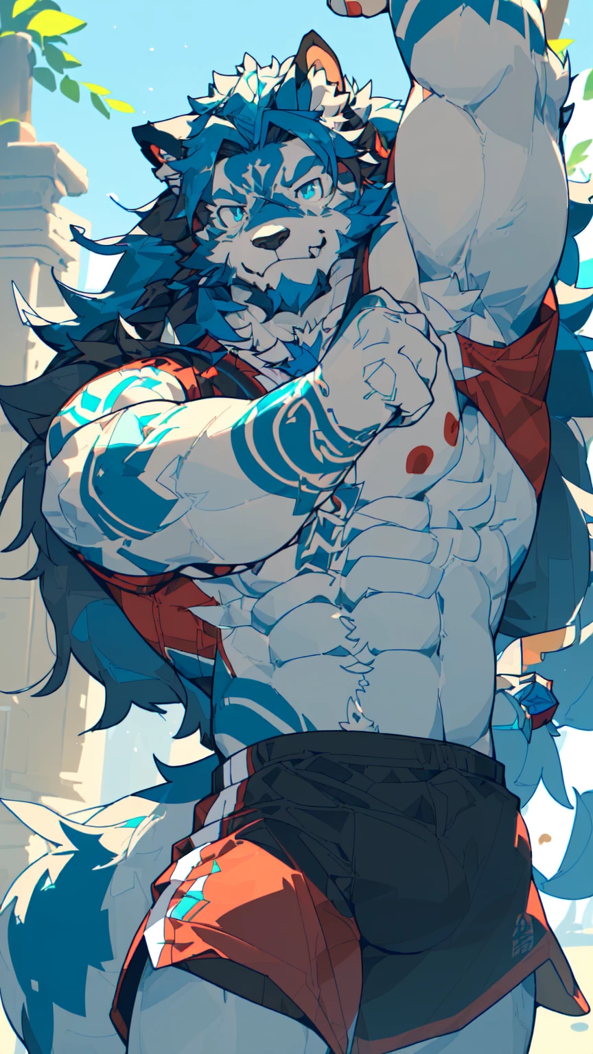 Sunlight,high resolution,4K,masterpiece,high quality,Brave and bold,((Wolf)),male,((Strike a pose:1.3)),WolfFurry,(Middle-aged uncle),hairy,((Mature,Smiling Face,Long hair:1.2)),((peaceful,Ease)),((Strong body,thin long ears:1.2,Wolf尾巴:1.3,Crotch bulge:1.3)),(((Red and black sports shorts))),(((Green ears:1.2,Dark blue head:1.2,dark blue back:1.1,Dark blue hands:1.3,White breast:1.3,White belly:1.4,Blue pupils:1.2))),Fascinated faces,AttentiontoDetail,Detailed body,Detailed hands