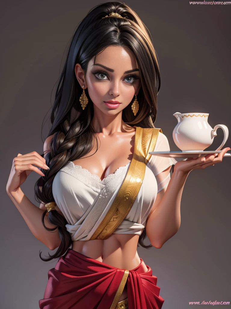 1girl, 35 year old woman, extremely detailed and realistic female portrait, extremely large breasts, extremely large buttocks, wearing traditional Indian saree, extremely slim waist, delicate facial features, detailed eyes and lips, realistic skin texture, intricate saree folds, high quality, photorealistic, 8k, hyper detailed, masterpiece, cinematic lighting, dynamic pose, dramatic shadows, warm color palette