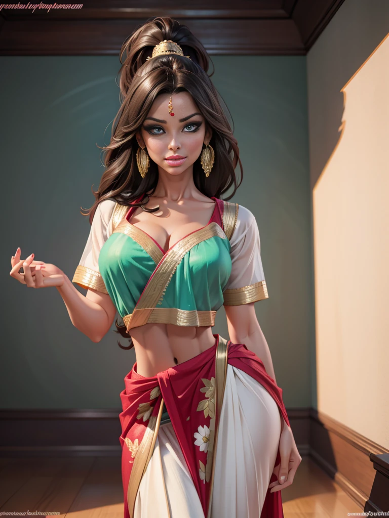 1girl, 35 year old woman, extremely detailed and realistic female portrait, extremely large breasts, extremely large buttocks, wearing traditional Indian saree, extremely slim waist, delicate facial features, detailed eyes and lips, realistic skin texture, intricate saree folds, high quality, photorealistic, 8k, hyper detailed, masterpiece, cinematic lighting, dynamic pose, dramatic shadows, warm color palette