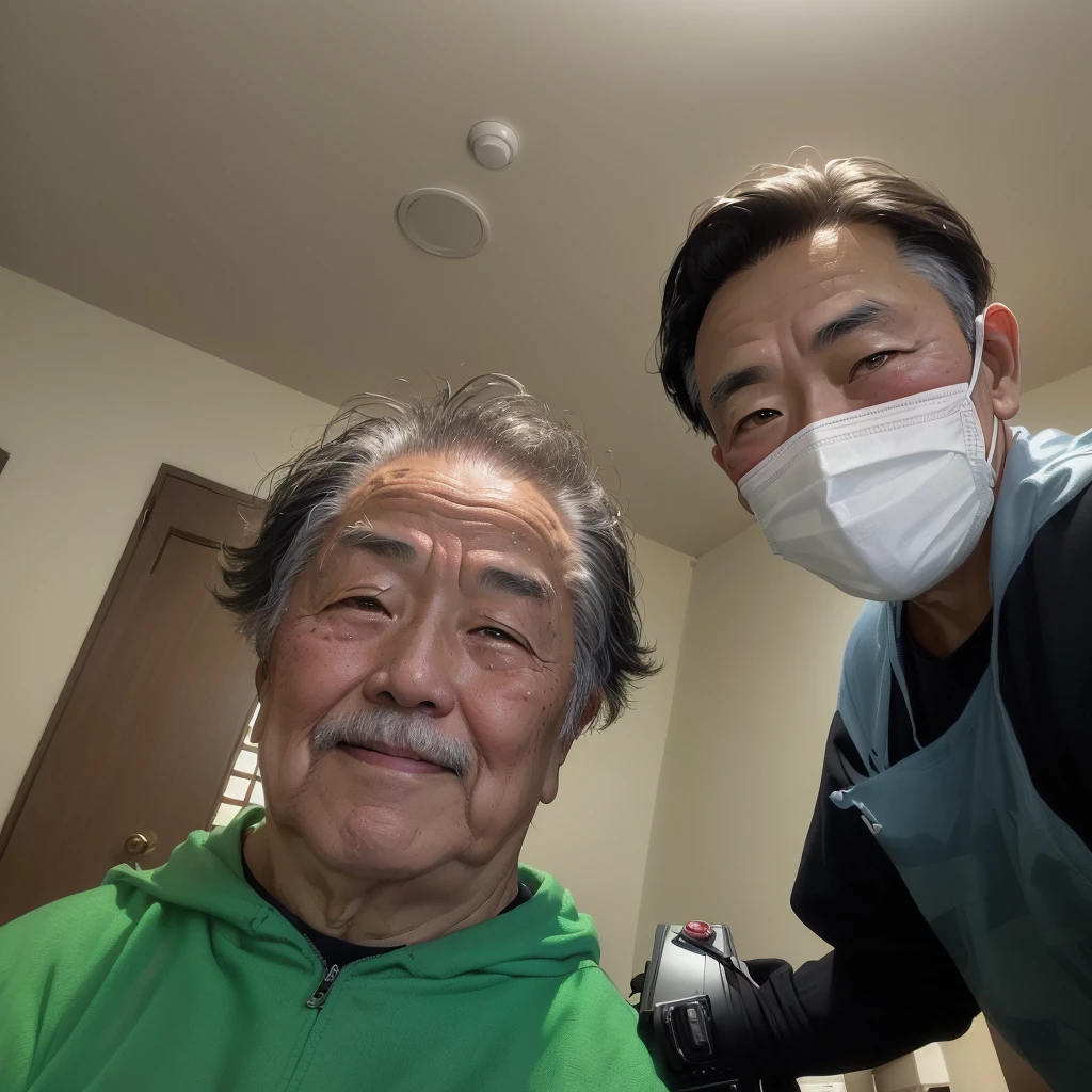There is a man and a woman wearing masks in the room., 8K Selfie, Shot with Go Pro Hero8, Happy!!!, Filmed with GoPro9, Old man wearing a mask, A caring, fatherly broad forehead, Wide-angle portrait, Yudai Chiba, He is about 70 years old., 4k yen!!!