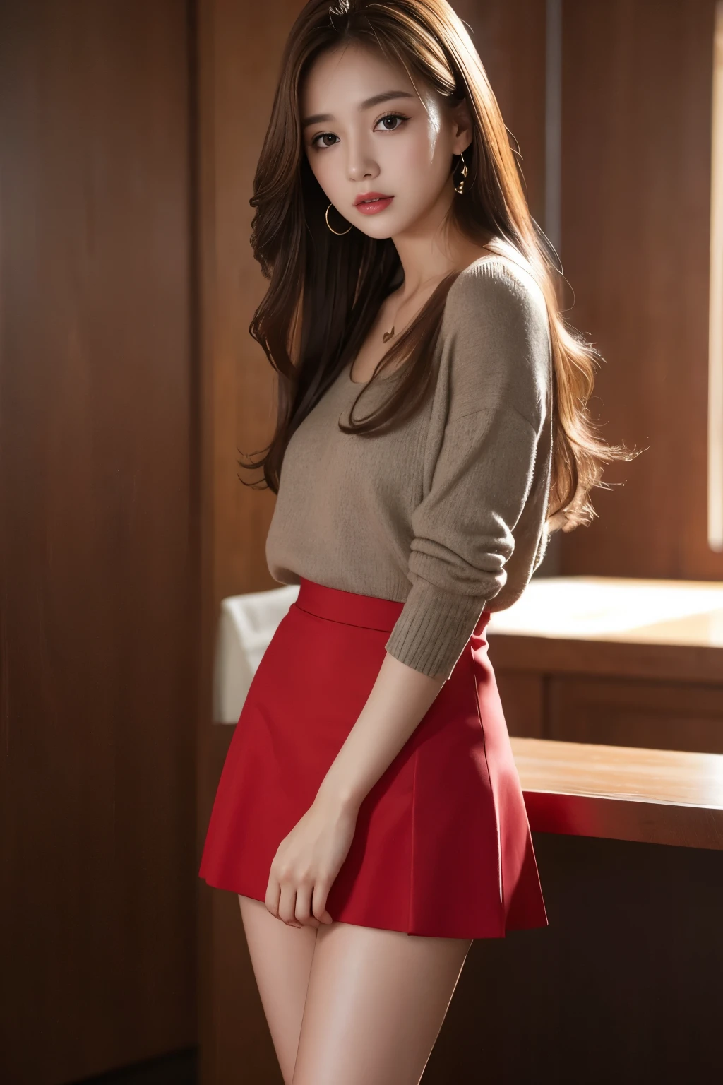 Highest quality、Genuine、Very detailed、finely、High resolution、8k wallpaper、A beautiful woman standing in a red mini skirt、、Light brown messy hair、The background is dark grey、