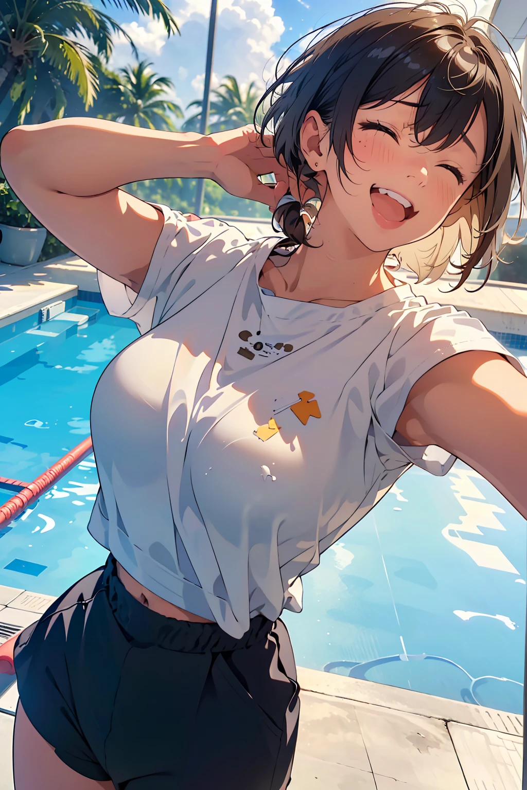 masterpiece,best quality, ultra high res,(beautiful woman:1.2), (beautiful Busty breasts:1), (happy:1.2), (enjoy:1.2), (dark hair:1), (short low ponytail:1.2), medium hair,a sexy mole around the mouth,wet lip, (burst into laughter:1.4), (squinting:1.4), (simple plain uniform:1.5),(gym uniform:1), school gym clothes, (plain:1.8),(wearing round neck white t-shirt:1.2), navy blue short Sweatpants , upper body shot, ((In a large empty pool)), Pool cleaning, A pool hose that sprays water, (Hold the pool hose and clean up),