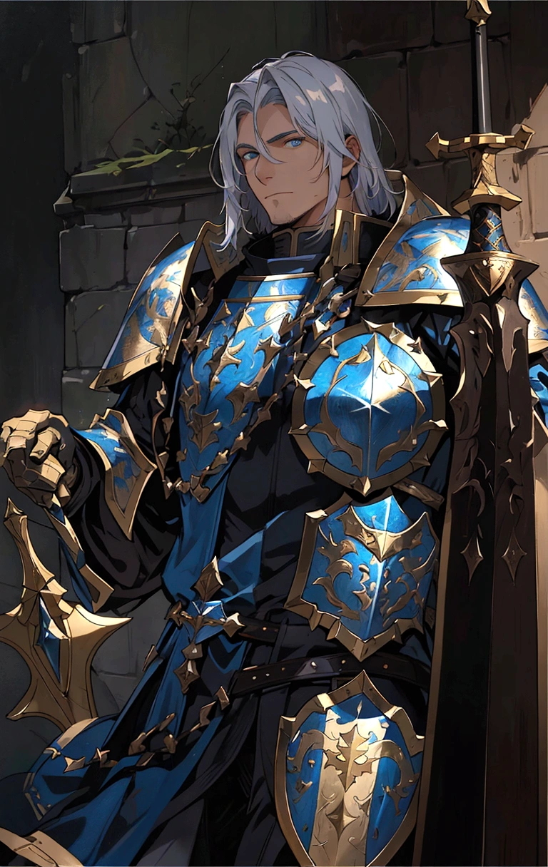 a man in armor holding a sword and a shield, male paladin, a human male paladin, arsen lupin as a paladin, male artificer, picture of a male cleric, fantasy paladin, vigo the carpathian, portrait of a knight, portrait of knight, baldur's gate character portrait, painting of a knight