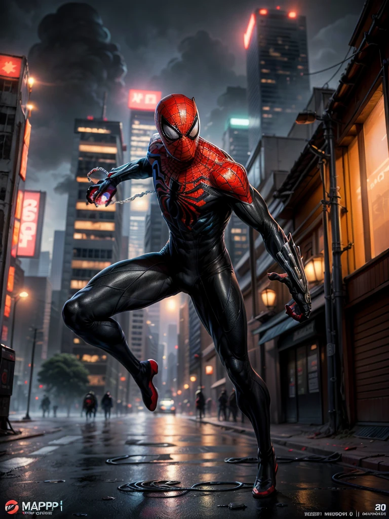 Spiderman, full face covered, symbiote, scared, black slime, octane render, bioluminescent,8K resolution concept art, realism,by Mappa studios,masterpiece,best quality,official art,illustration,ligne claire,(cool_color),perfect composition,absurdres, tall body, super hero landing pose, (cyberpunk city background), spider man symbiote suit,close shot, spider man focus, full body,neon light