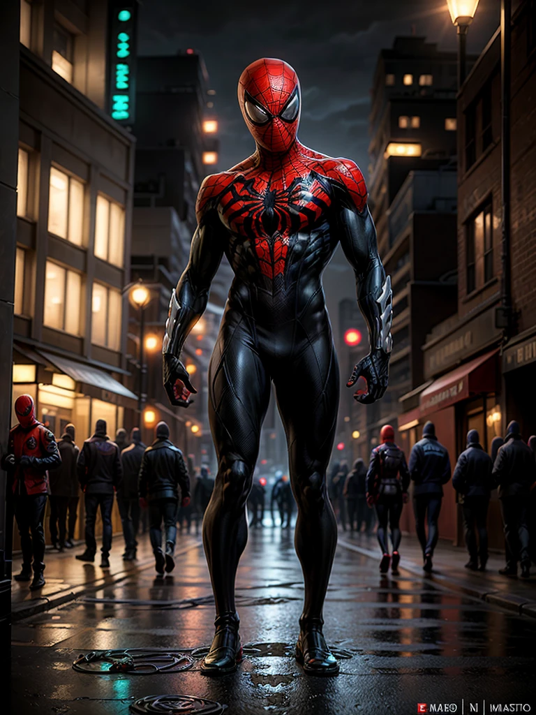 Spiderman, full face covered, symbiote, scared, black slime, octane render, bioluminescent,8K resolution concept art, realism,by Mappa studios,masterpiece,best quality,official art,illustration,ligne claire,(cool_color),perfect composition,absurdres, tall body, super hero landing pose, (cyberpunk city background), spider man symbiote suit,close shot, spider man focus, full body,neon light