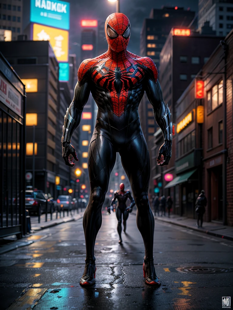 Spiderman, full face covered, symbiote, scared, black slime, octane render, bioluminescent,8K resolution concept art, realism,by Mappa studios,masterpiece,best quality,official art,illustration,ligne claire,(cool_color),perfect composition,absurdres, tall body, super hero landing pose, (cyberpunk city background), spider man symbiote suit,close shot, spider man focus, full body,neon light