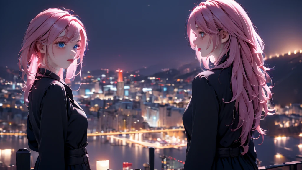 1 girl, medium light pink hair, light blue eyes, wearing Black suit, night city, absurdres, high res, ultrasharp, 8K, masterpiece, looking from behind