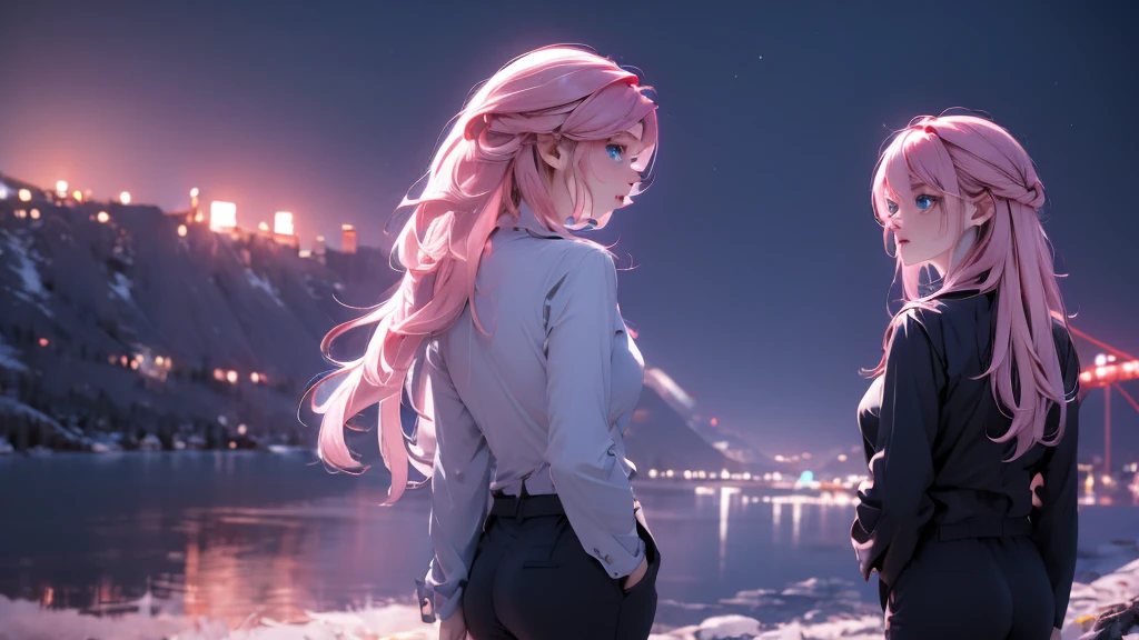 1 girl, medium light pink hair, light blue eyes, wearing Black suit, night city, absurdres, high res, ultrasharp, 8K, masterpiece, looking from behind