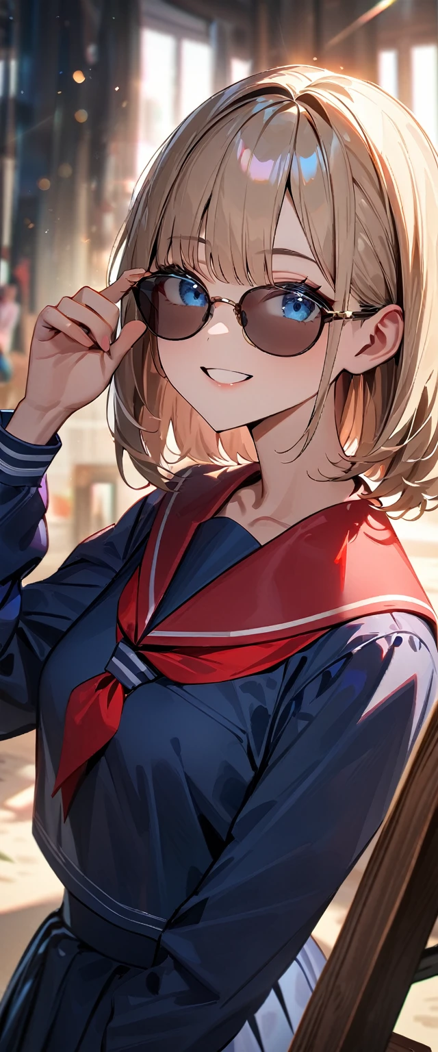 (((One girl))), ((beach)), noon, blond hair, bob cut, breasts, from front, (cowboy shot), standard body, (looking at viewer), ((dark blue serafuku)), dark blue skirt, ((red sailor collar)), ((sunglasses)), hand to sunglasses, teenager, head tilt:1.3, (((blue eye))), ((happy smile)), anime style, (best quality, 4k, 8k, highres, masterpiece:1.2, ultra-detailed, ultra-detailed eyes, HDR, UHD, studio lighting, ultra-fine painting, sharp focus, physically-based rendering, extreme detail description, professional, vivid colors, bokeh), ((Highest quality, Best image quality, Ultra-high resolution, Ultra-high resolution, solo, Strong eye highlights)), Depth of written boundary, Natural soft light, attractive, Beautiful Face, Cleanliness, Pure Face, nedium chest, Beautiful Face, Perfect Fingers, Perfect hands, Perfect body, Perfect Face, Shine a light into your eyes, Perfect Anatomy