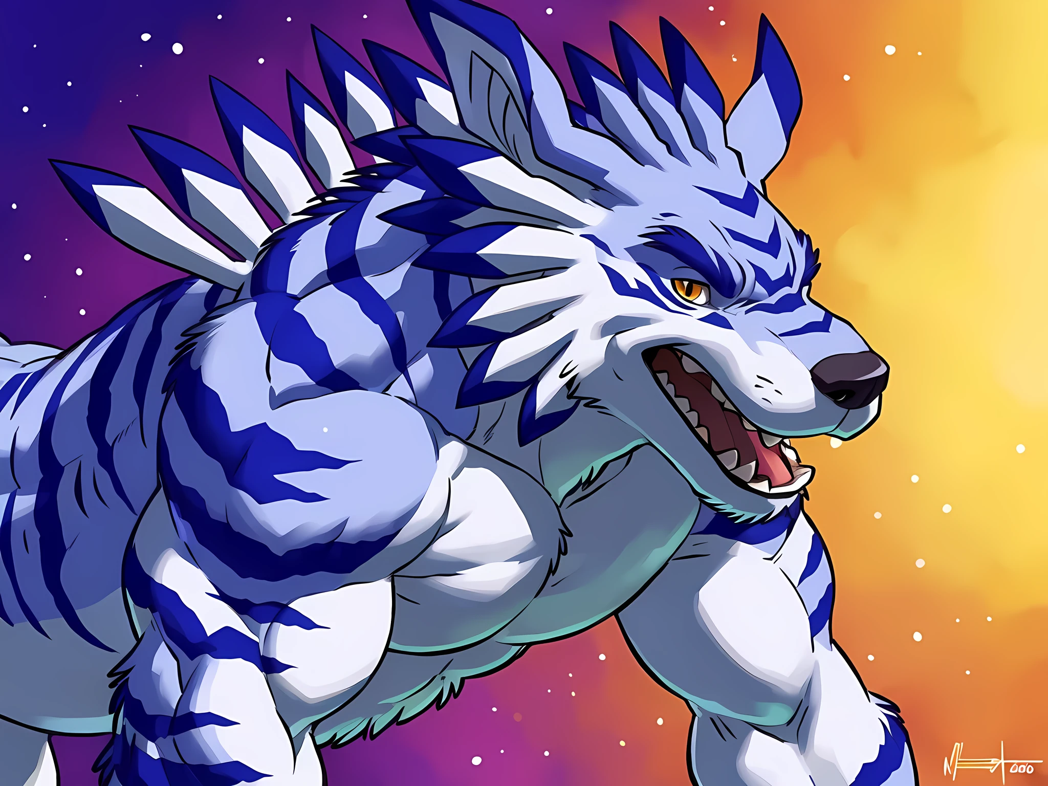 Garurumon, 4k, high resolution, best quality, detailed, posted on e621, solo, male, masculine, feral:1.1, very muscular:1.2, pectorals, (plain background, explosive background, glow:1.1), correct anatomy, (orange eyes, detailed eyes:1.1), sexy, (cel shaded, cartoony shading, strong shadows, dramatic lighting):1.3, confident, (by wfa, by takemoto arashi, by meesh, by Taran Fiddler), strong, full body, open mouth, flexing muscles, posing,