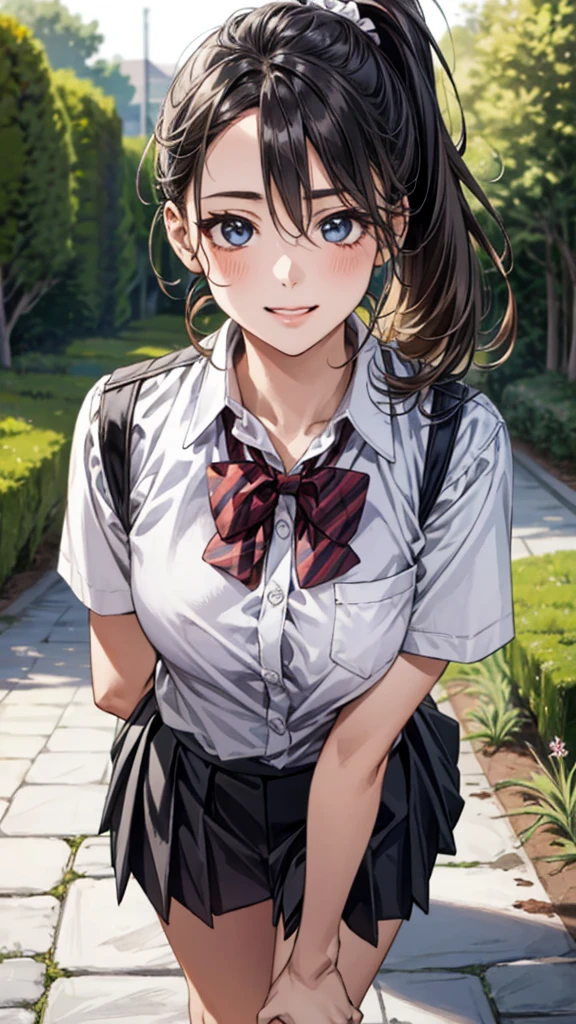 (masterpiece:1.3, Highest quality, Ultra-high resolution, Super detailed), (Realistic, photoRealistic:1.4), Beautiful illustrations, Perfect lighting, Natural light, colorful, Depth of written boundary, Surrealism,
Beautiful detailed hair, Beautifully detailed face, Beautiful attention to detail, Beautiful clavicle, Beautiful body, Beautiful breasts, Beautiful thighs, Beautiful feet, Beautiful fingers, Shiny skin,
View your viewers, 1 Girl, Japanese, high school girl, (Perfect Anatomy, Anatomically correct, Highly detailed skin), Cute and symmetrical face, Baby Face, Perfect Face, Perfect Eyes,
(Mid-length hair, Side Ponytail, Blonde), Hair between the eyes, blue eyes, Big eyes, Long eyelashes, (Medium chest, Captivating thighs), thin, outAre standing style,
((Detailed cloth texture, break,break, White collared shirt, break,break, Light brown knit vest, break,break, Grey pleated skirt, break,break, Red bow tie), break,break, White socks, Black Loafers),
(Beautiful views), evening, (garden), Are standing, Leaning forward, (Put your arms behind your back), (Cute smile, Part your lips),