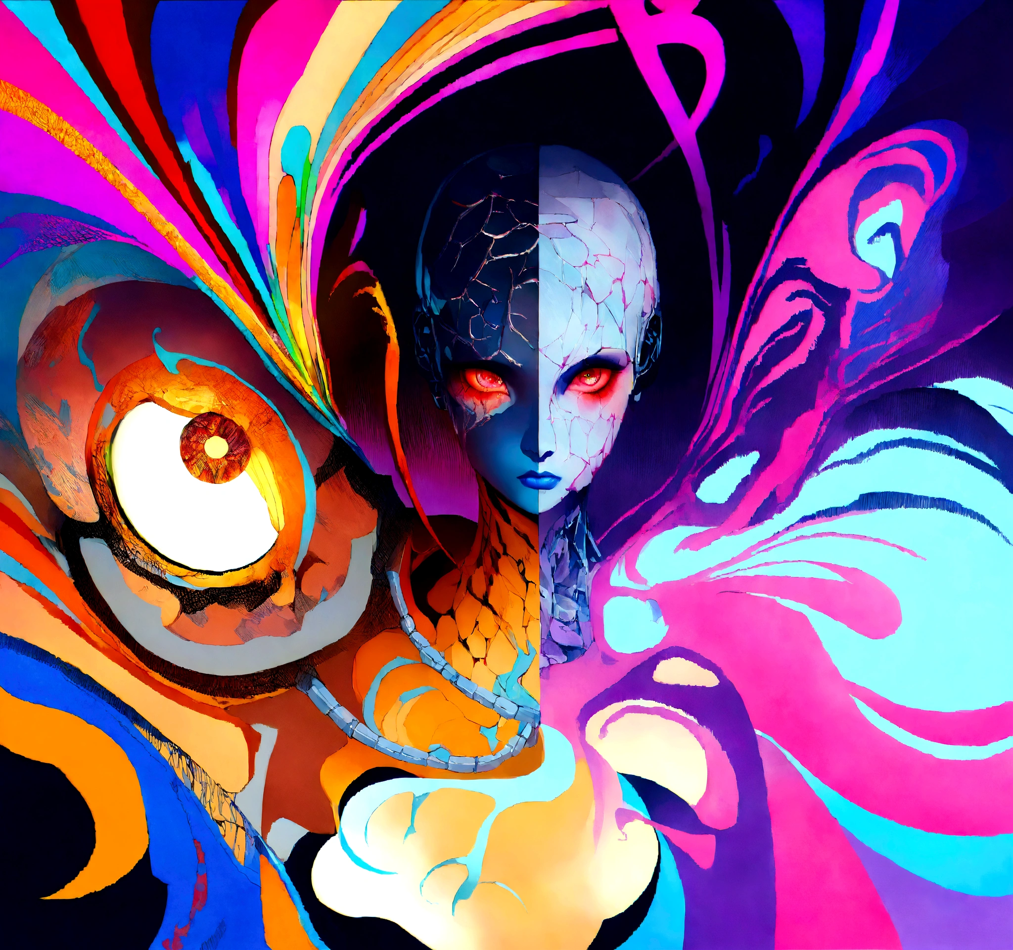 masterpiece, cyborg, The body is glamorous、, Wearing a hood, Shrouded in shadow,Wear an aura , Positano colours, Completely in frame, whole body, Emits electrical energy, whole body, Beautiful girl in beautiful anime waifu style, Ultra-detailed CG paintings, Luminism, Art by Kahn Griffith and Vadim Kashin Concept Art, 8Kresolution, 16kresolution、Fractal isometric details、 Bioluminescence , complicatedly detailed , Cinematic, trending on art station Isometric Centered hyper Realistic cover photo awesome full color, Grainy, Realistic, complicated, Hit definition , Cinematic, Bold, Vibrant, amazing, Super high quality model、Being pelted by rain in the dark、Controlling Lightning、Red eyes、The overall color scheme is based on white and blue.、Realistic