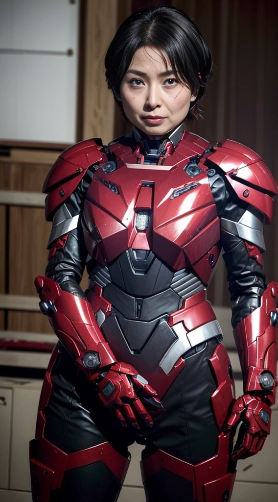 Female Iron Man(Red and Black)、Gloss、Shortcuts、Rough skin, Very detailed, Advanced Details, high quality, 最high quality, High resolution, 1080P, hard disk, beautiful,(Gundam),beautifulサイボーグの女性,Mecha Cyborg Girl,Battle Mode,Woman with a mechanical body,、Expression of bitterness、Sweaty face、、Squint your eyes、、Humidity、Plump figure、Steam coming out of the head、Spread your legs、Embarrassed face、Open your mouth、Hold your face　Black-haired　Short Hair　Glasses　Japanese middle-aged women