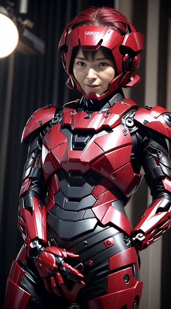 Female Iron Man(Red and Black)、Gloss、Shortcuts、Rough skin, Very detailed, Advanced Details, high quality, 最high quality, High resolution, 1080P, hard disk, beautiful,(Gundam),beautifulサイボーグの女性,Mecha Cyborg Girl,Battle Mode,Woman with a mechanical body,、Expression of bitterness、Sweaty face、、Squint your eyes、、Humidity、Plump figure、Steam coming out of the head、Spread your legs、Embarrassed face、Open your mouth、Hold your face　Black-haired　Short Hair　Glasses　Japanese middle-aged women