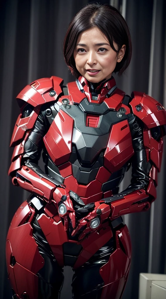 Female Iron Man(Red and Black)、Gloss、Shortcuts、Rough skin, Very detailed, Advanced Details, high quality, 最high quality, High resolution, 1080P, hard disk, beautiful,(Gundam),beautifulサイボーグの女性,Mecha Cyborg Girl,Battle Mode,Woman with a mechanical body,、Expression of bitterness、Sweaty face、、Squint your eyes、、Humidity、Plump figure、Steam coming out of the head、Spread your legs、Embarrassed face、Open your mouth、Hold your face Black-haired Short Hair Glasses Japanese middle-aged women