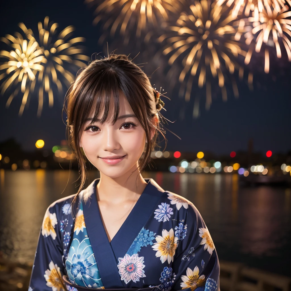 a fireworks display on a summer night,realistic photograph,High definition, high quality, 8K Ultra HD,sharp focus,Portrait of a beautiful Japanese girl .her eyes are brown and large with drooping eyes and long eyelashes,She wears a yukata with a dark blue ,She smiles shyly